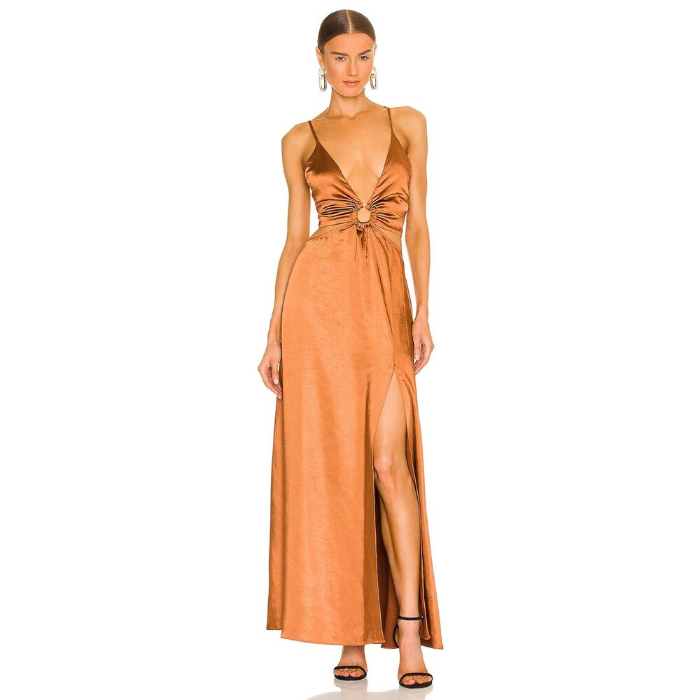LPA Aniston Dress Hazelnut Satin Brown‎ Maxi Ruched Ring Side Slit Sz S
